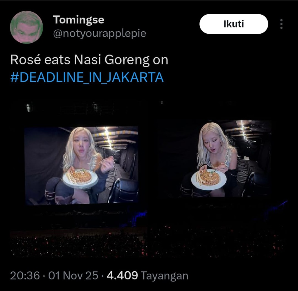 Ros&eacute; tertangkap kamera tengah asyik menyantap nasi goreng