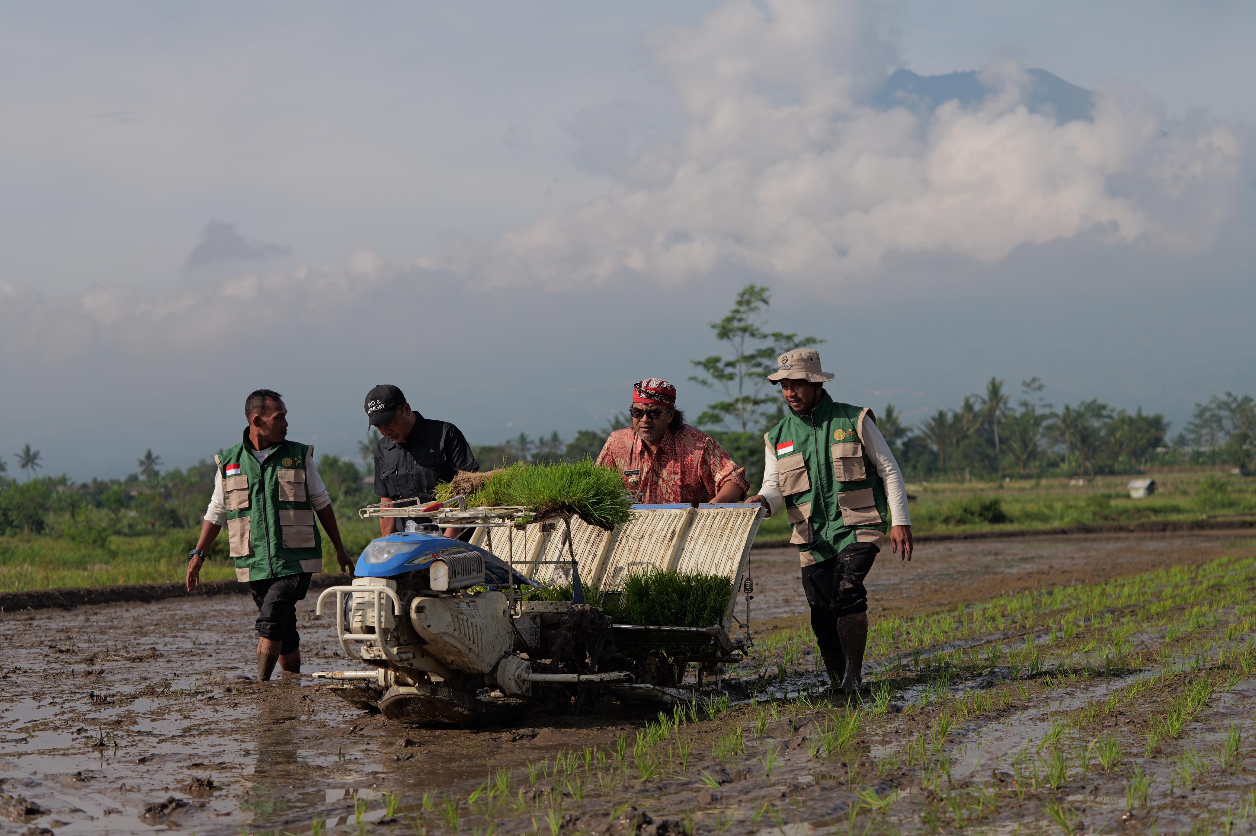 Bupati Temanggung Agus Setyawan ikut menanam padi di area persawahan BPP Kecamatan Temanggung, Kamis (18/12/2025) pagi menggunakan alat modern.