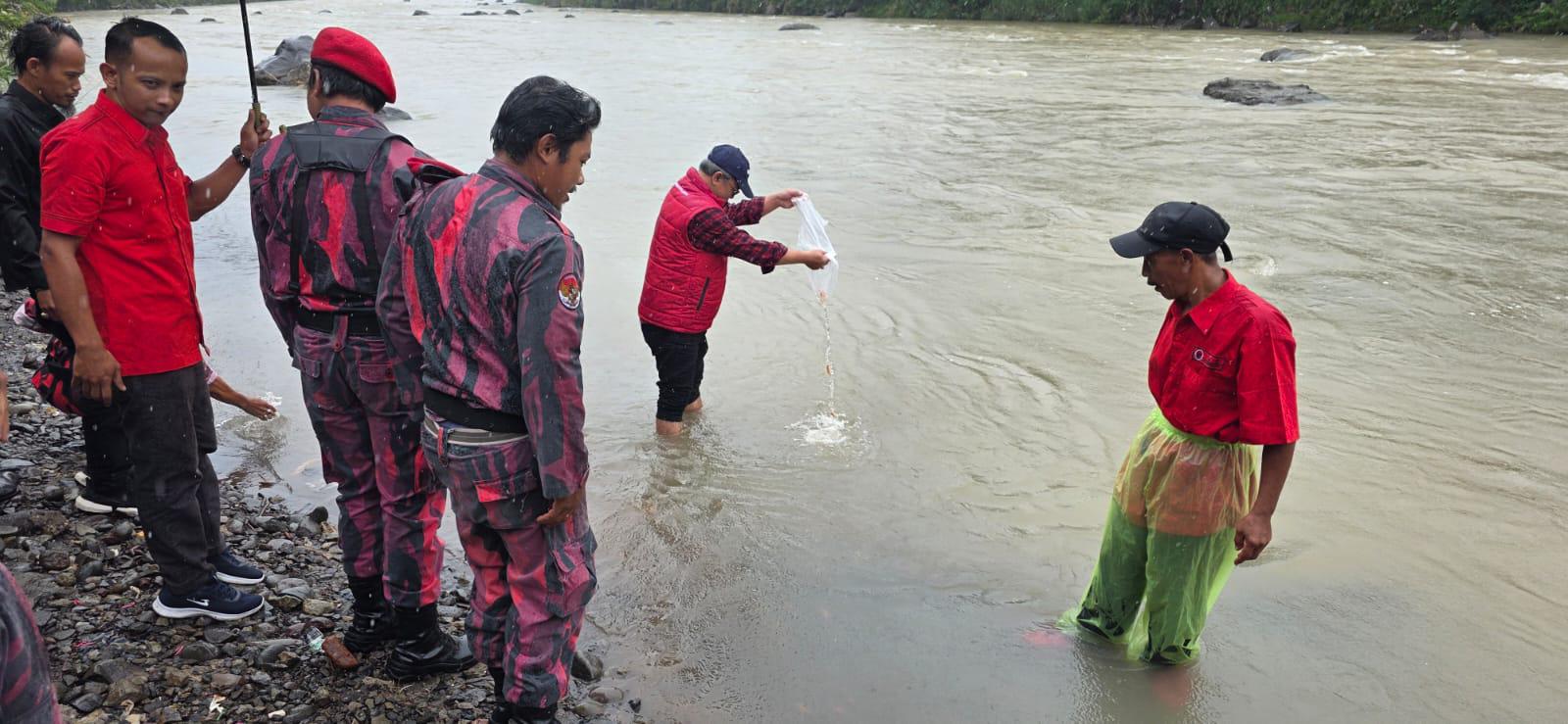 Anggota DPR RI Fraksi PDI Perjuangan Wibowo Prasetyo bersama masyarakat dan kader partai menggelar aksi tebar benih ikan nila di Kali Progo, Desa Kalijoso, Kecamatan Secang, Kabupaten Magelang, (23/1)