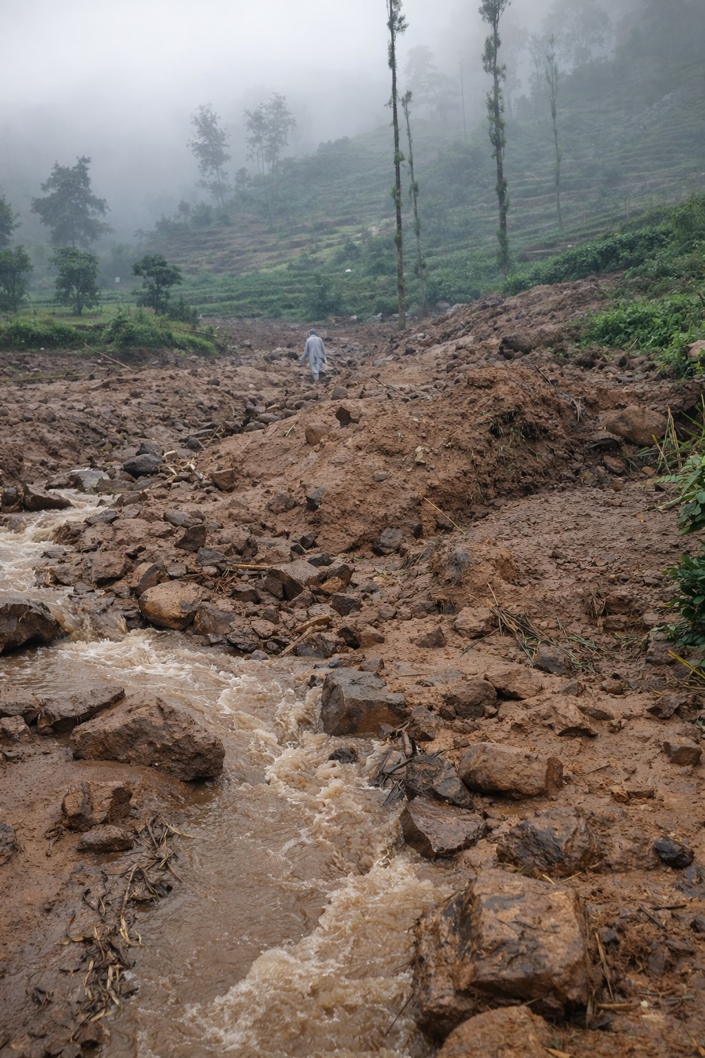 Lahan pertanian rusak terkena material longsor yang terbawa sungai saat banjir pada Jumat (23/1/2026).