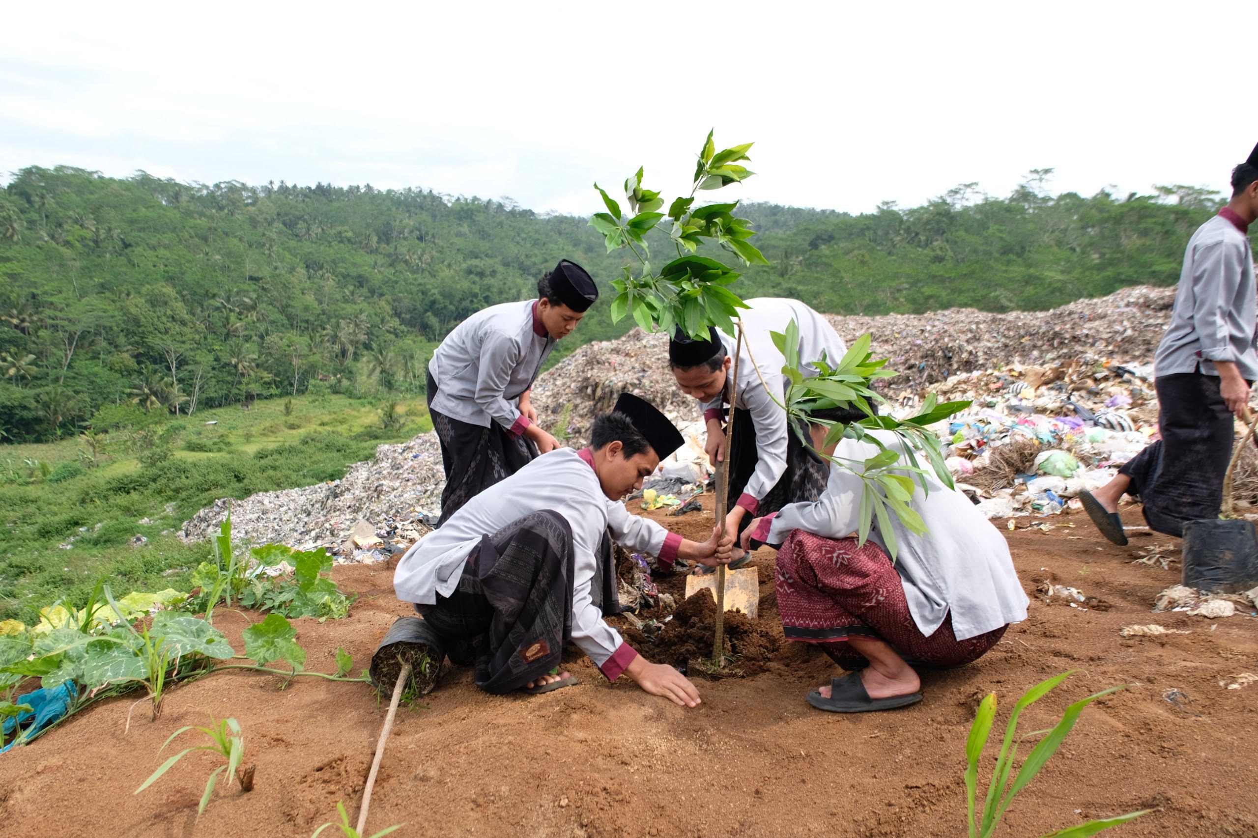 Para santri Ponpes Tahfidz Al Musthofa Tebuireng 16 Temanggung melakukan aksi menanam pohon di TPA Sanggrahan.