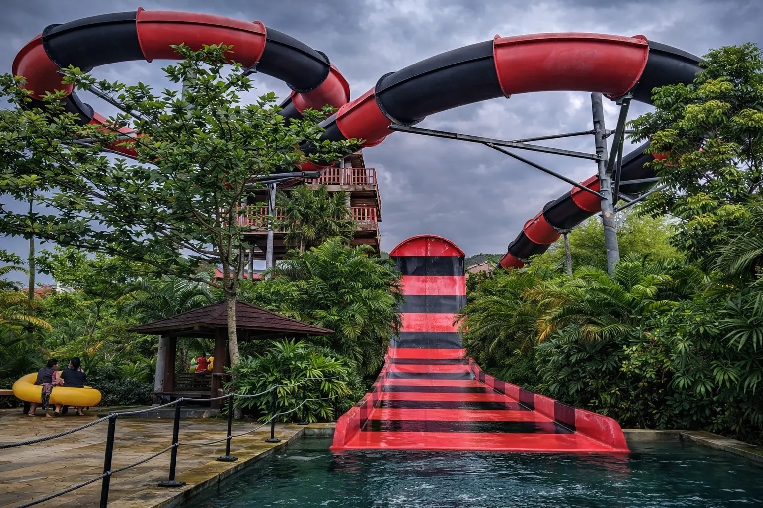 pengunjung yang membawa anak-anak balita.  Brando Boomeranggo memberikan pengalaman petualangan air yang menantang dan memacu adrenalin di Waterboom Jogja.
