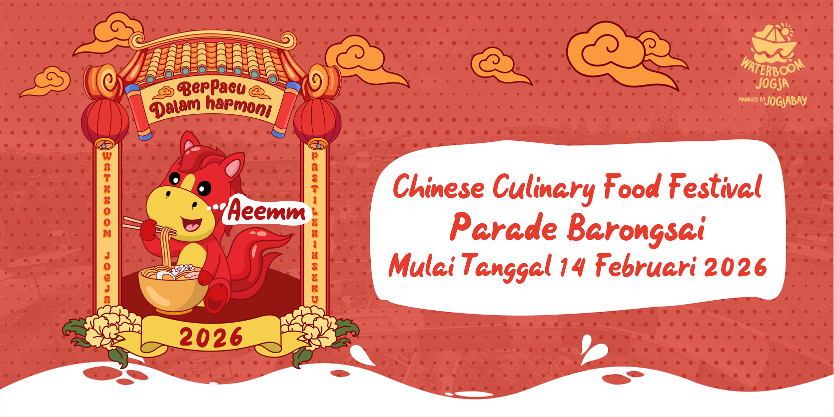 Waterboom Jogja mengadakan Chinese Culinary Food Festival dan Parade Barongsai mulai 14 Februari 2026.