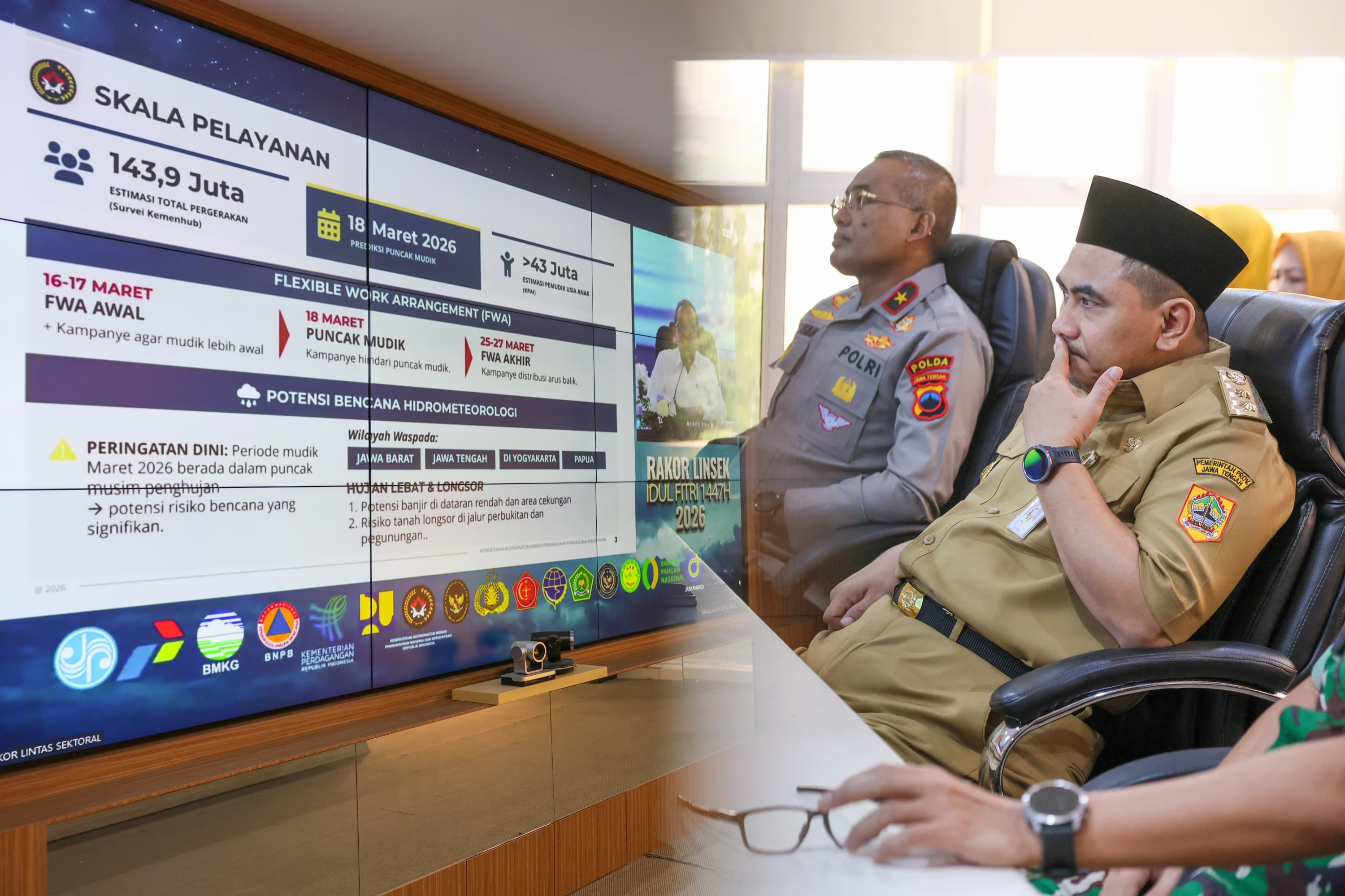 Wagup Jateng Taj Yasin mengikuti rapat koordinasi lintas sektoral bidang operasional tingkat menteri secara daring di Ruang Vicon Lantai 7 Mapolda Jateng, Senin (2/3/2026).