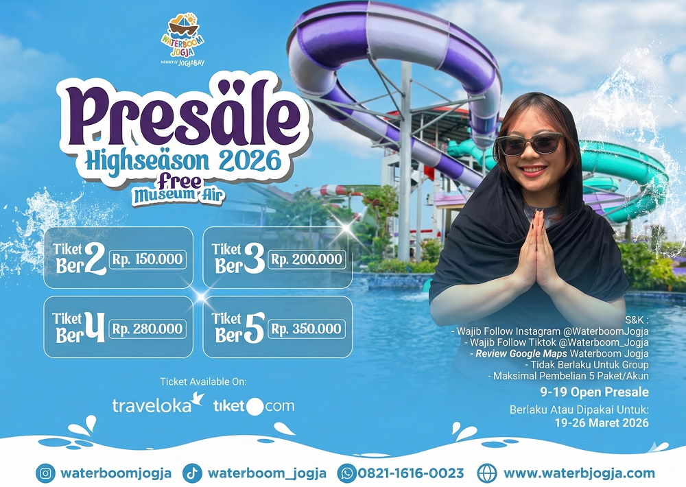 Waterboom Jogja memberikan angin segar bagi para pelancong yang ingin berlibur dengan meluncurkan program "Presale Highseason 2026" dengan penawaran harga tiket yang diklaim sangat miring.