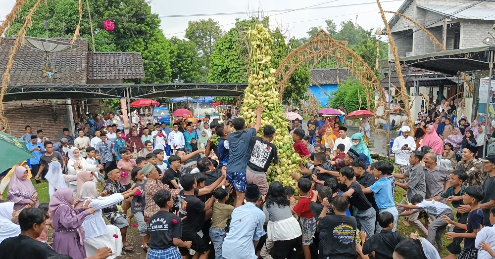 Ratusan warga berebut gunungan ketupat saat Tradisi Grebeg Ketupat di&nbsp;Dusun Dawung, Desa Banjarnegoro, Kecamatan Mertoyudan, Rabu (25/3/2026).