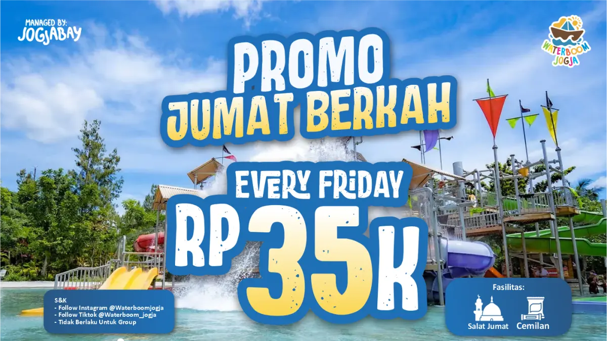 Hanya dengan merogoh kocek sebesar Rp 35.000, pengunjung sudah bisa menikmati sensasi liburan seru di semua wahana air Waterboom Jogja setiap hari Jumat. 