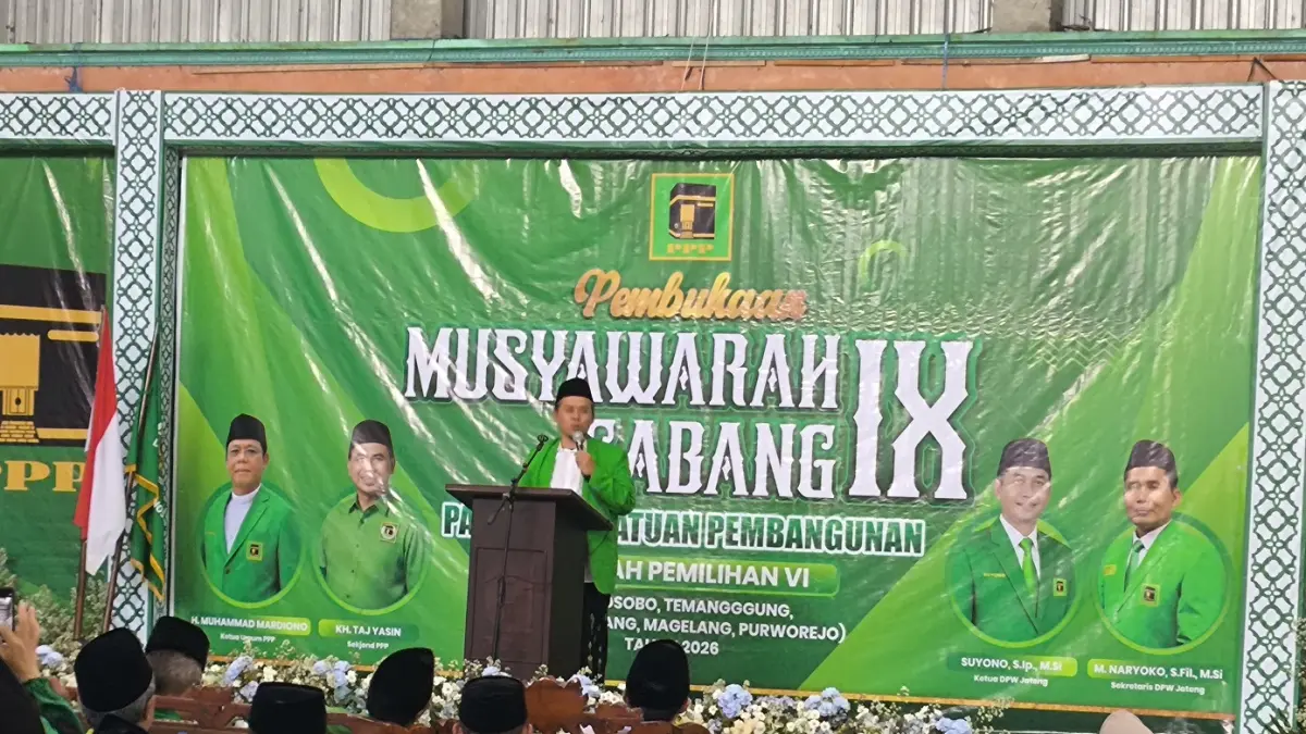 Ketua DPC PPP Wonosobo, Khoirullah Al Mujataba saat Muscab, Minggu (3/5/2026) di Aula SMA Takhassus Alquran Wonosobo.  (Sigit Rahmanto/Jawa Pos Radar Magelang)