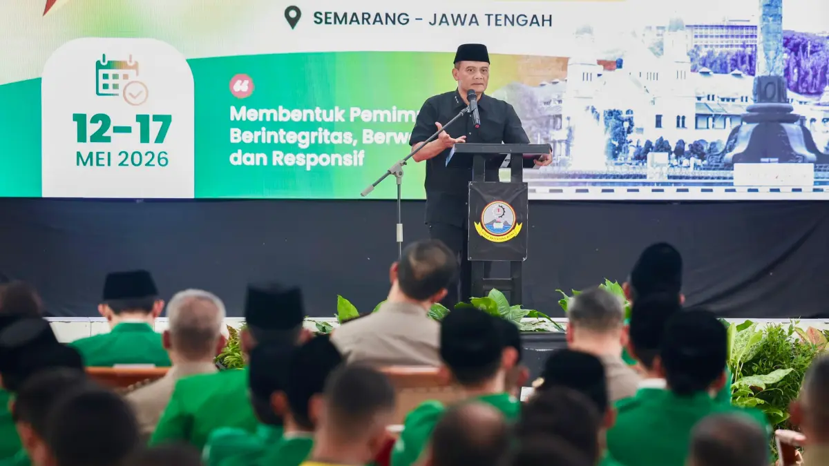 Gubernur Jawa Tengah, Ahmad Luthfi, saat memberikan sambutan dalam Kursus Banser Pimpinan (Susbanpim) Angkatan VIII di Pusdik Binmas Banyubiru, Kabupaten Semarang, Rabu (13/5/2026). (Istimewa)
