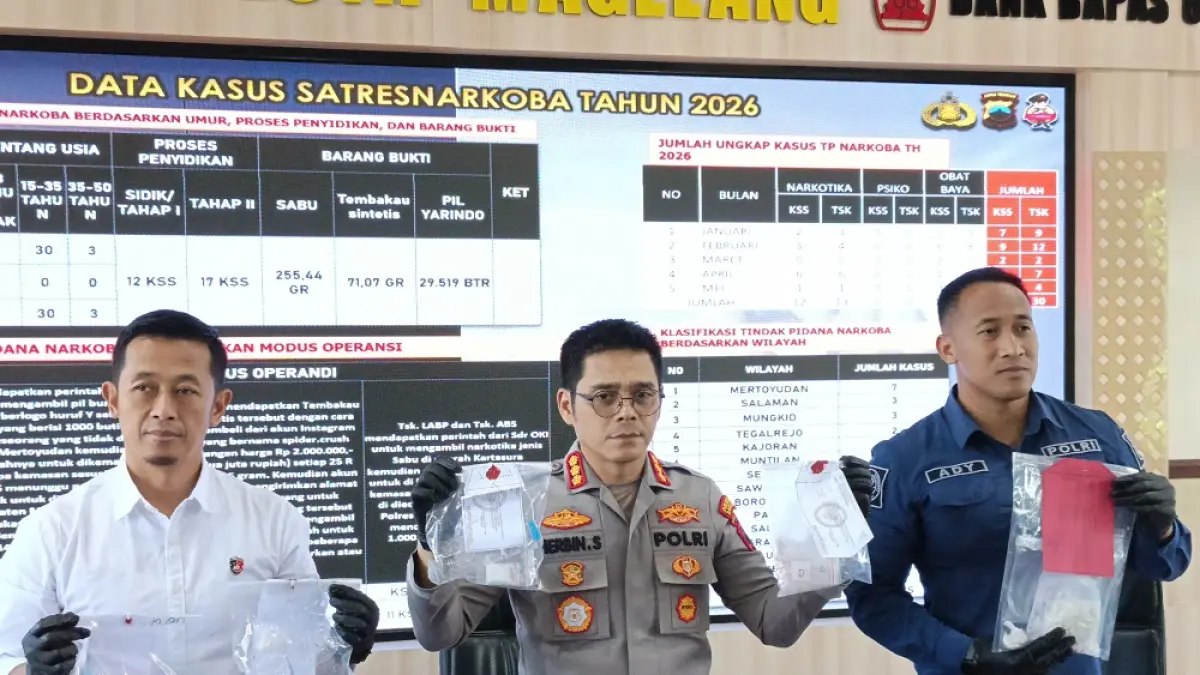 Kapolresta Magelang Kombes Pol Herbin Sianipar dan Kasat Resnarkoba Polresta Magelang AKP Tri Widaryanto menunjukkan barang bukti narkoba yang berhasil diungkap. (ROFIK SYARIF/ JAWA POS RADAR MAGELANG)
