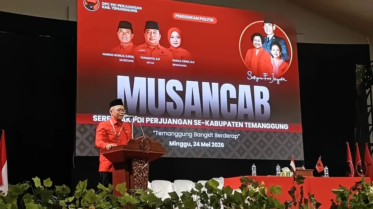 Anggota DPR RI Fraksi PDI Perjuangan Dapil Jawa Tengah VI Wibowo Prasetyo saat hadir dalam Musyawarah Anak Cabang (Musancab) serentak PDI Perjuangan Kabupaten Temanggung, Minggu (24/5/2026).