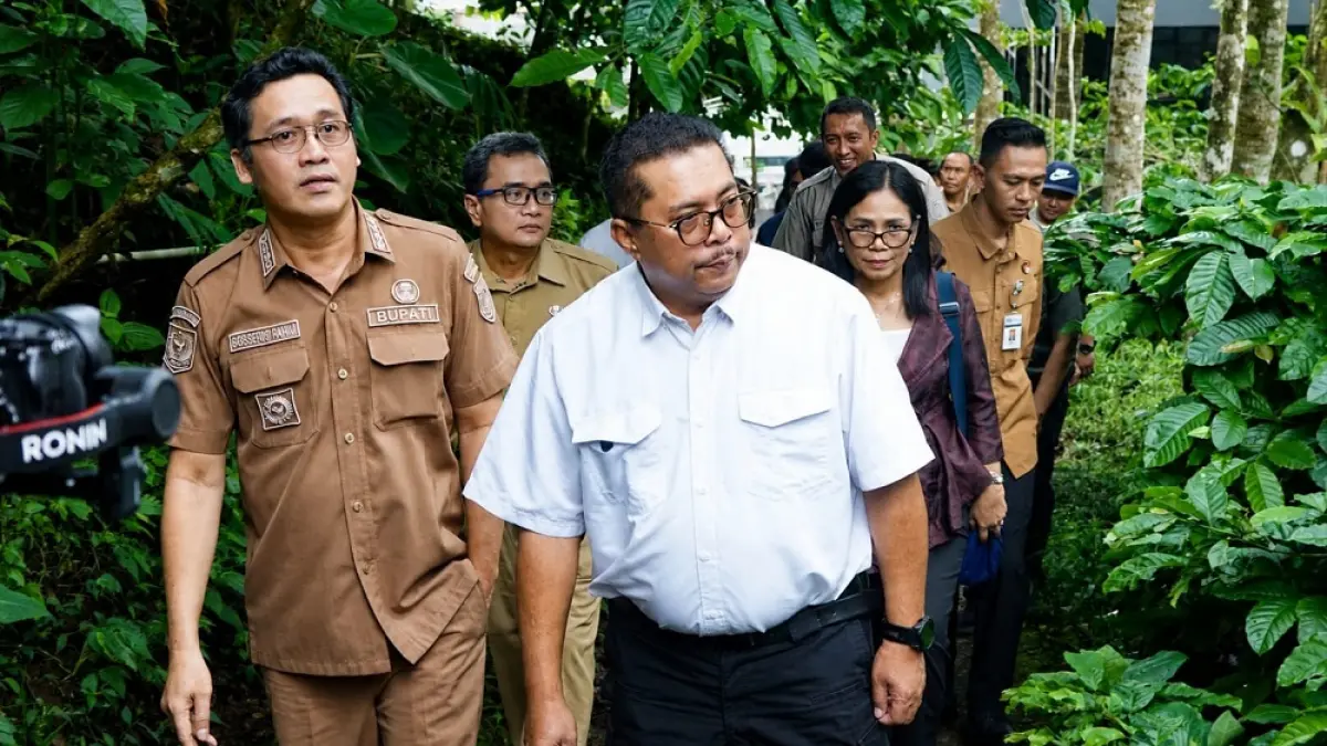 Bupati Magelang Grengseng Pamuji mengecek kebun kopi di daerah Banjarsari, Grabag bersama Direktur Jenderal Lahan dan Irigasi Pertanian Hermanto. (ROFIK SYARIF/ JAWA POS RADAR MAGELANG)
