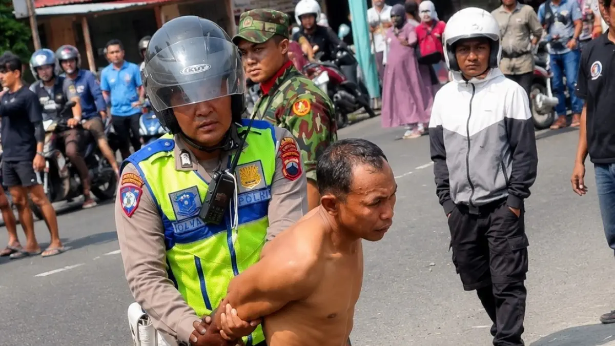 Polisi mengamankan seorang pria yang nyaris diamuk massa di acara karnaval di Kalibeber karena diduga mencuri daging ayam. (Istimewa)