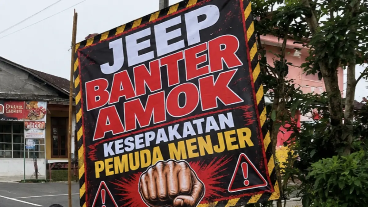 Warga Desa Menjer Kecamatan Garung, Wonosobo memasang banner peringatan pada pengemudi jeep wisata karena sebelumnya terjadi kecelakaan di kawasan tersebut. (istimewa)