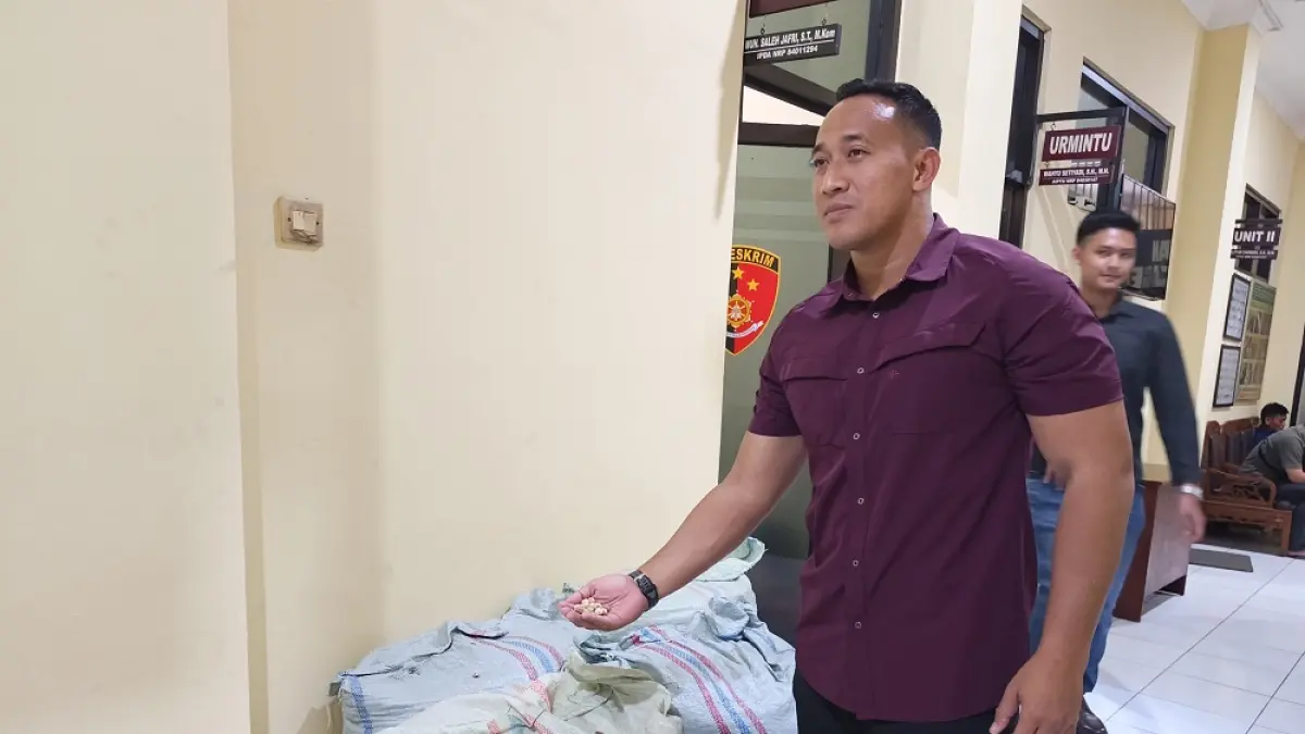 Kasi Humas Polresta Magelang PDA Ady Lilik Purbianto menunjukkan barang bukti empat karung kapulaga yang dicuri tersangka AK. (ROFIK SYARIF/ JAWA POS RADAR MAGELANG)