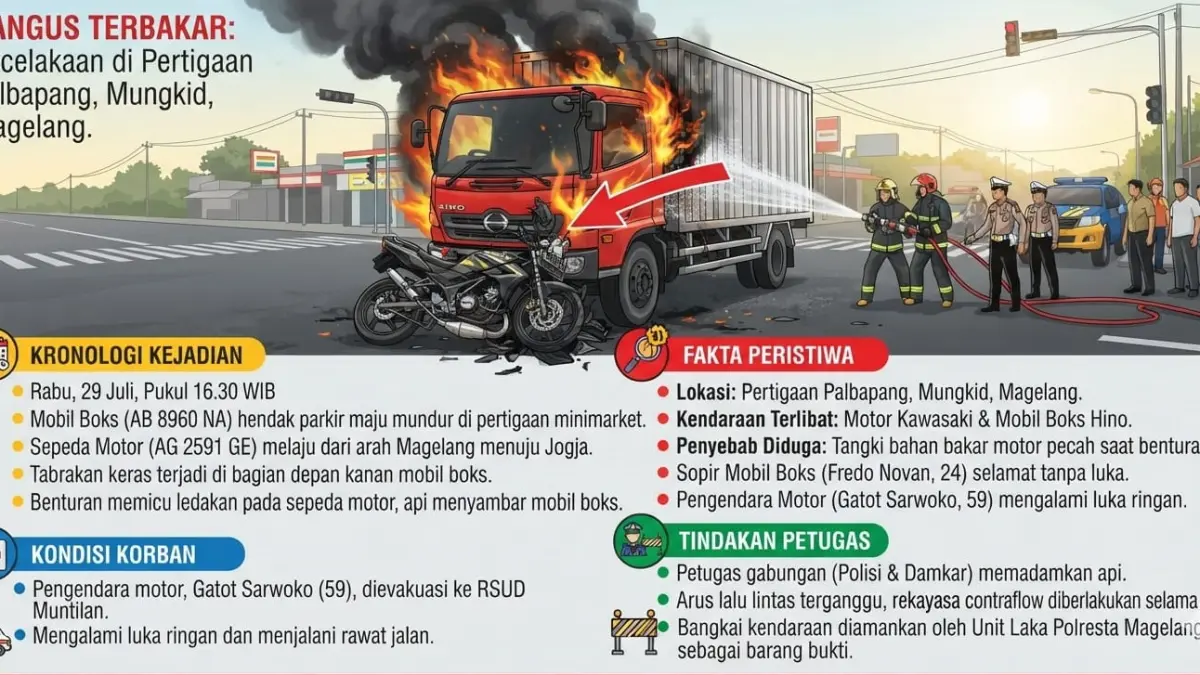 Kronologi sepeda motor tabrak mobil boks hingga terbakar 