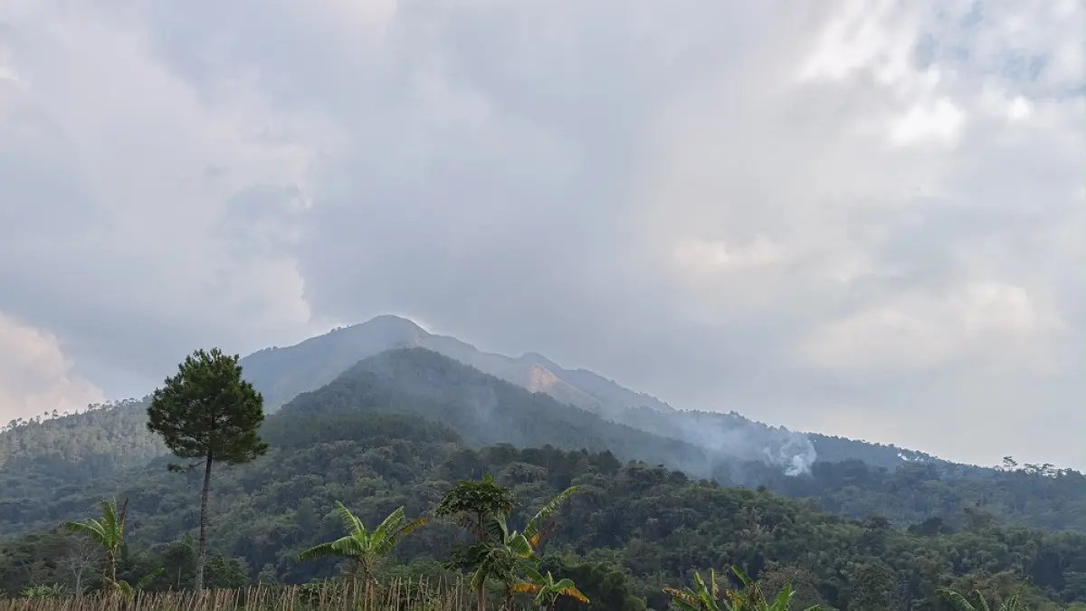 Kepulan asap masih terlihat di Gunung Andong, Senin (10/8/2026). (ROFIK SYARIF GP/JAWA POS RADAR MAGELANG)