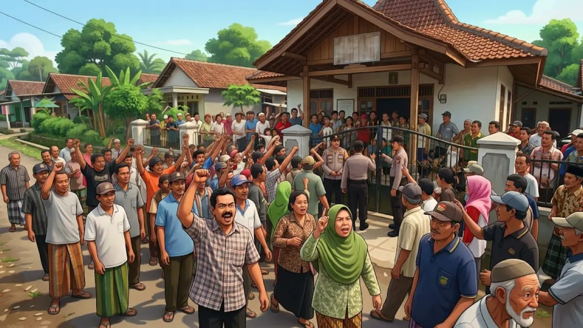 Ilustrasi demo warga di balai desa. Selasa malam warga Bendungan Tretep menggeruduk balai desa setempat dugaan kasus penyalahgunaan air. (AI)