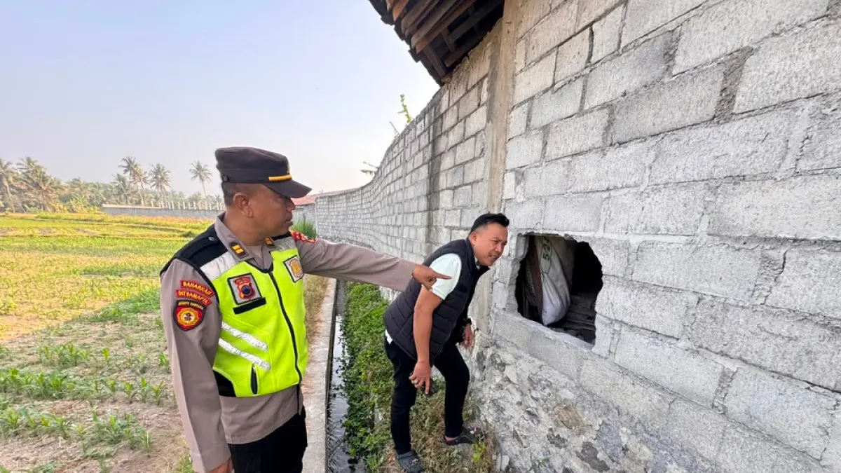 Kanit Pidum Satreskrim Polresta Magelang Iptu M Ady Haryanto mengecek dinding tembok tempat penggilingan padi Sri Makmur Muntilan, Kabupaten Magelang yang dibobol pencuri.