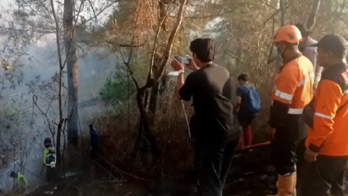 Petugas BPBD dan relawan saat memadamkan kebakaran&nbsp;di kawasan TNGM Cakruk Gentong, Jurang Jero, Srumbung.