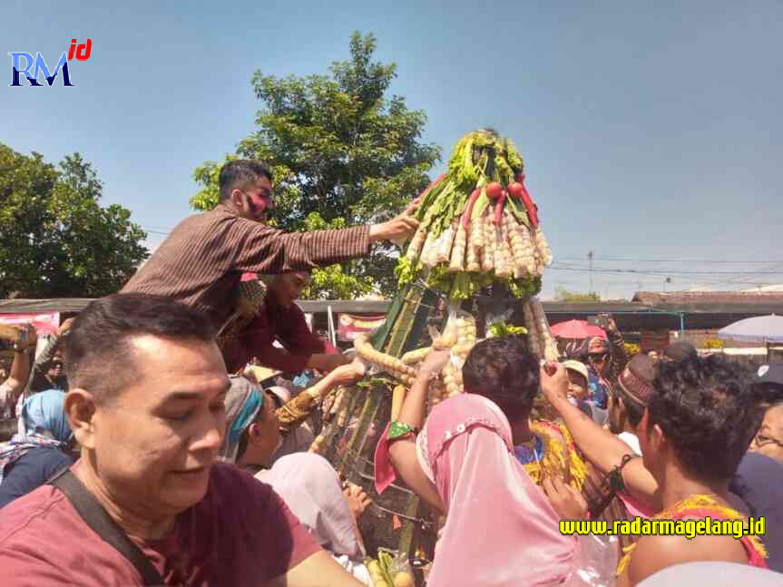 Warga Kampung Tidar Campur dan Tidar Sawe, Kota Magelang, menggerebeg gunungan tahu saat acara merti desa, Minggu, (21/5/2023).  (PUPUT PUSPITASARI/JAWA POS RADAR MAGELANG)