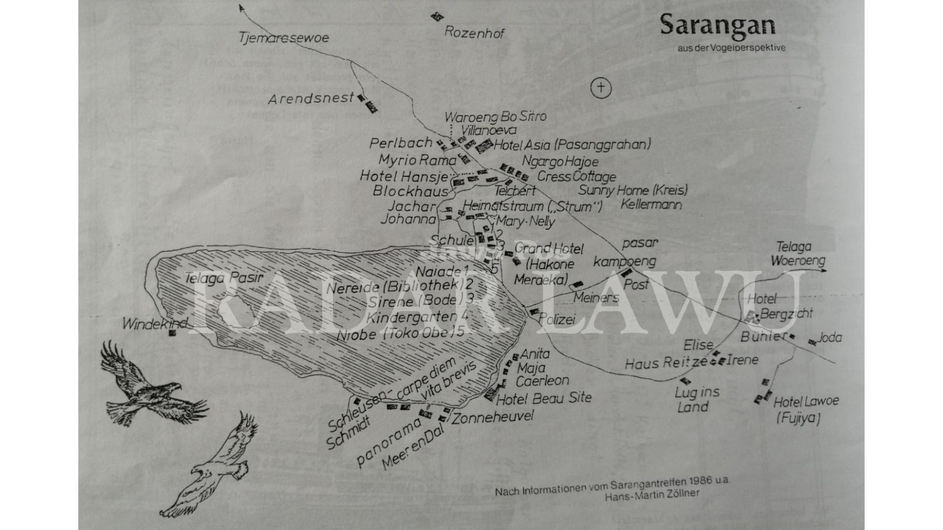 DOKUMEN: Letak Vita Brevis, Carpe Diem dan sejumlah vila dan hotel lainnya di kawasan Telaga Sarangan zaman dulu. (LODITYA FERNANDEZ/RADAR LAWU)