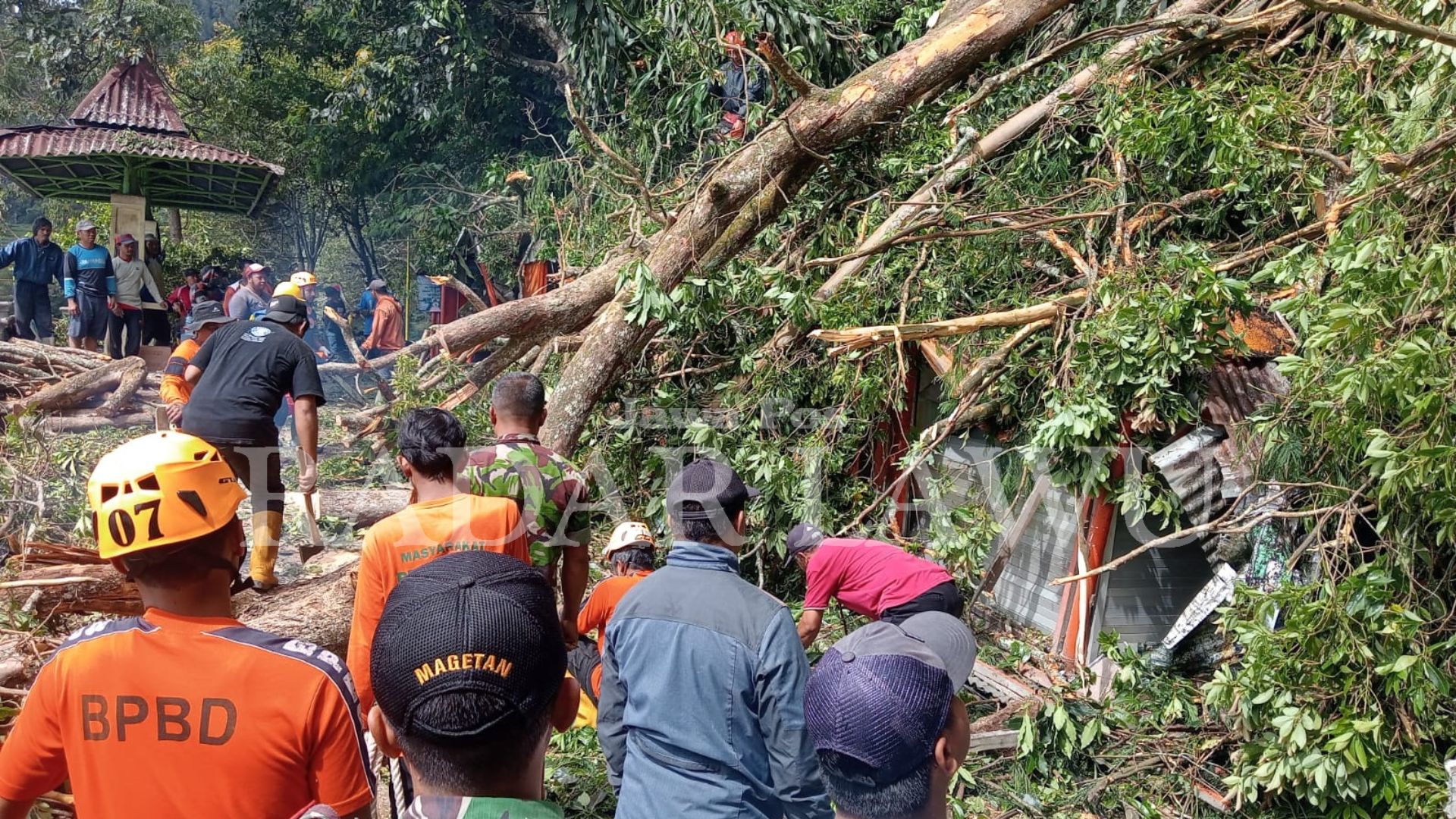 RUSAK: Dua warung di barat tepi Telaga Sarangan rusak berat tertimpa pohon tumbang, Rabu (24/1). (AJI PUTRA/ JAWA POS RADAR MAGETAN)