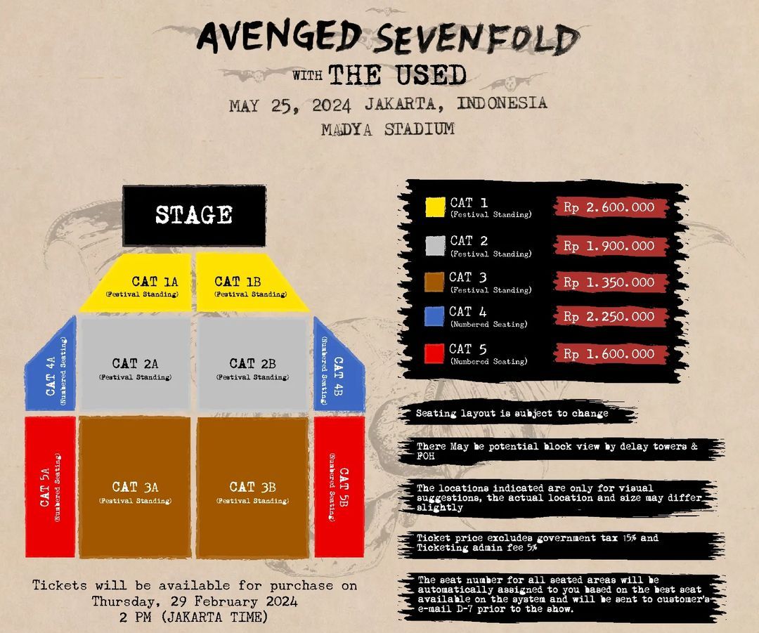 Tiket konser Avenged Sevenfold di Jakarta mulai dapat dipesan 29 Februari 2024 nanti. (Ig&nbsp;@akselerasi.ent)