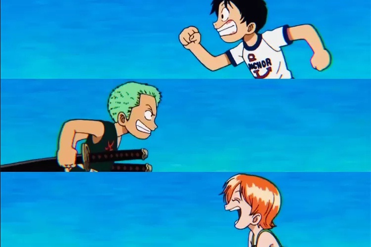 Meme Zoro salah arah dengan berlari ke arah berlawanan Luffy dan Nami.