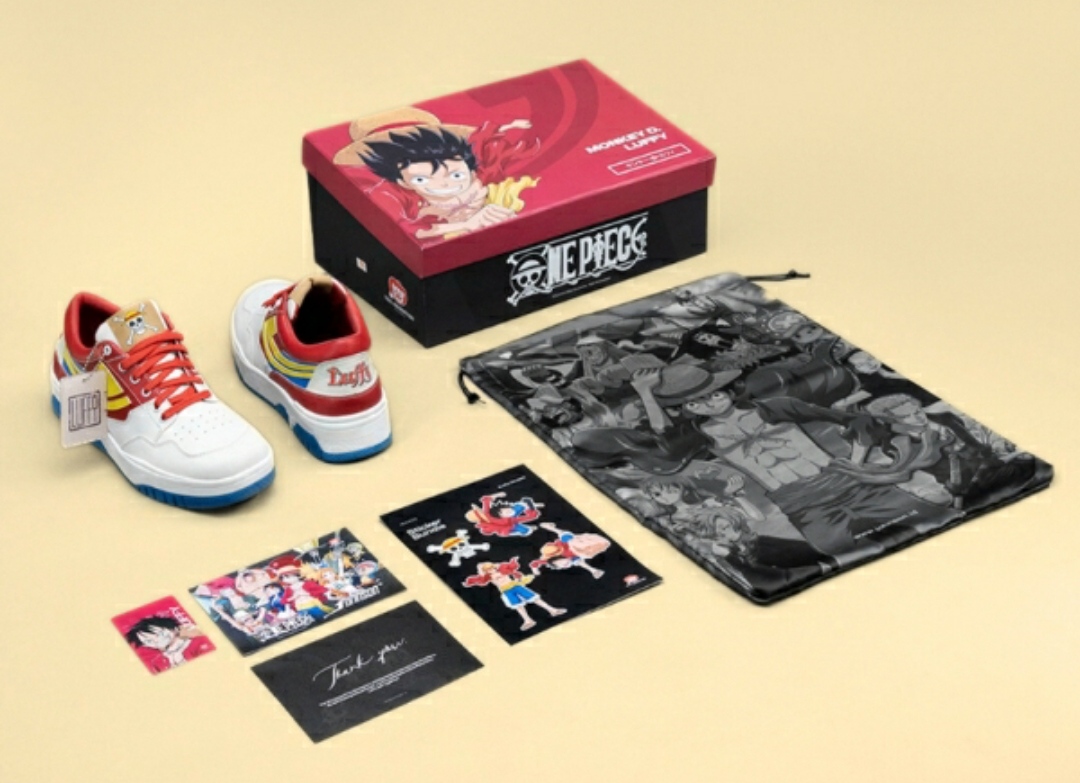 Gambar sepatu sneakers Johnson x One Piece Luffy.