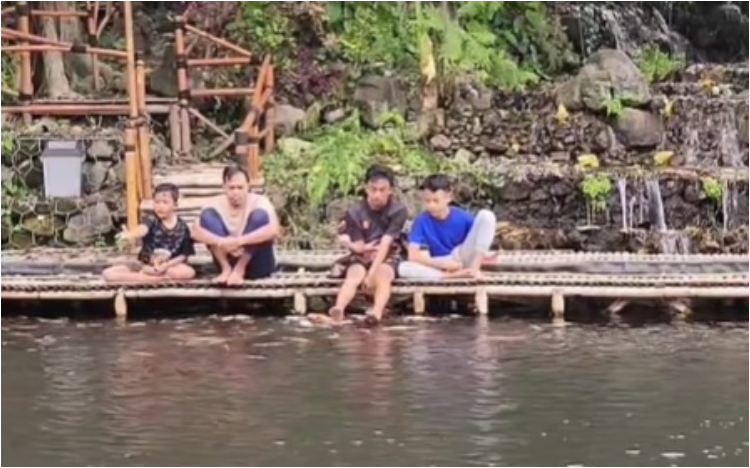 keseruan pengunjung saat merasakan sensasi digigit oleh ratusan ikan koi