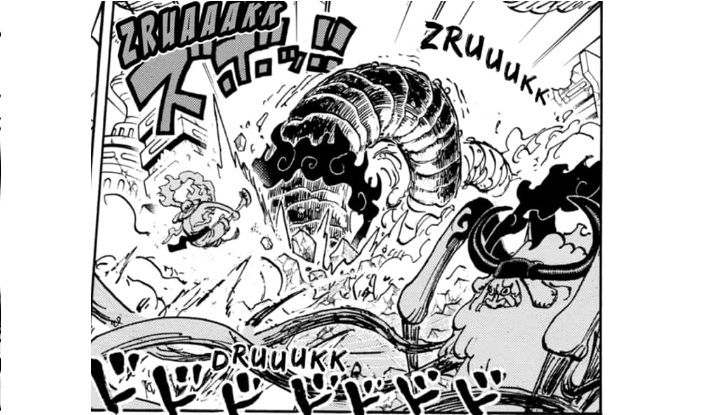 Sandworm Ju Peter masuk dalam tanah untuk menelan Luffy di cerita One Piece 1110. (Mangaplus)