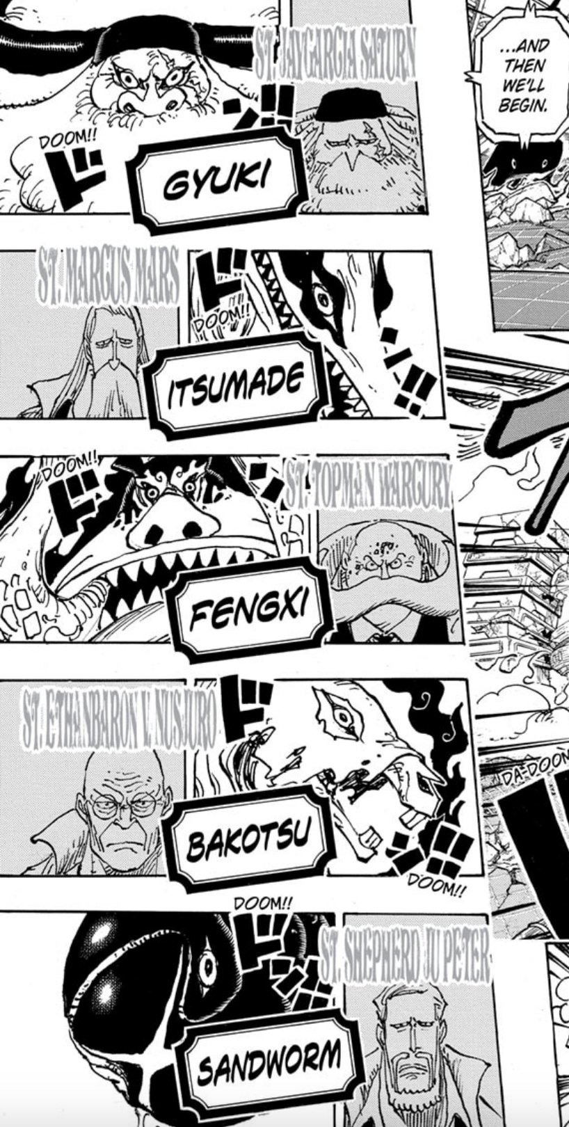 Urutan posisi nama dan wujud makhluk iblis Gorosei di cerita One Piece 1110