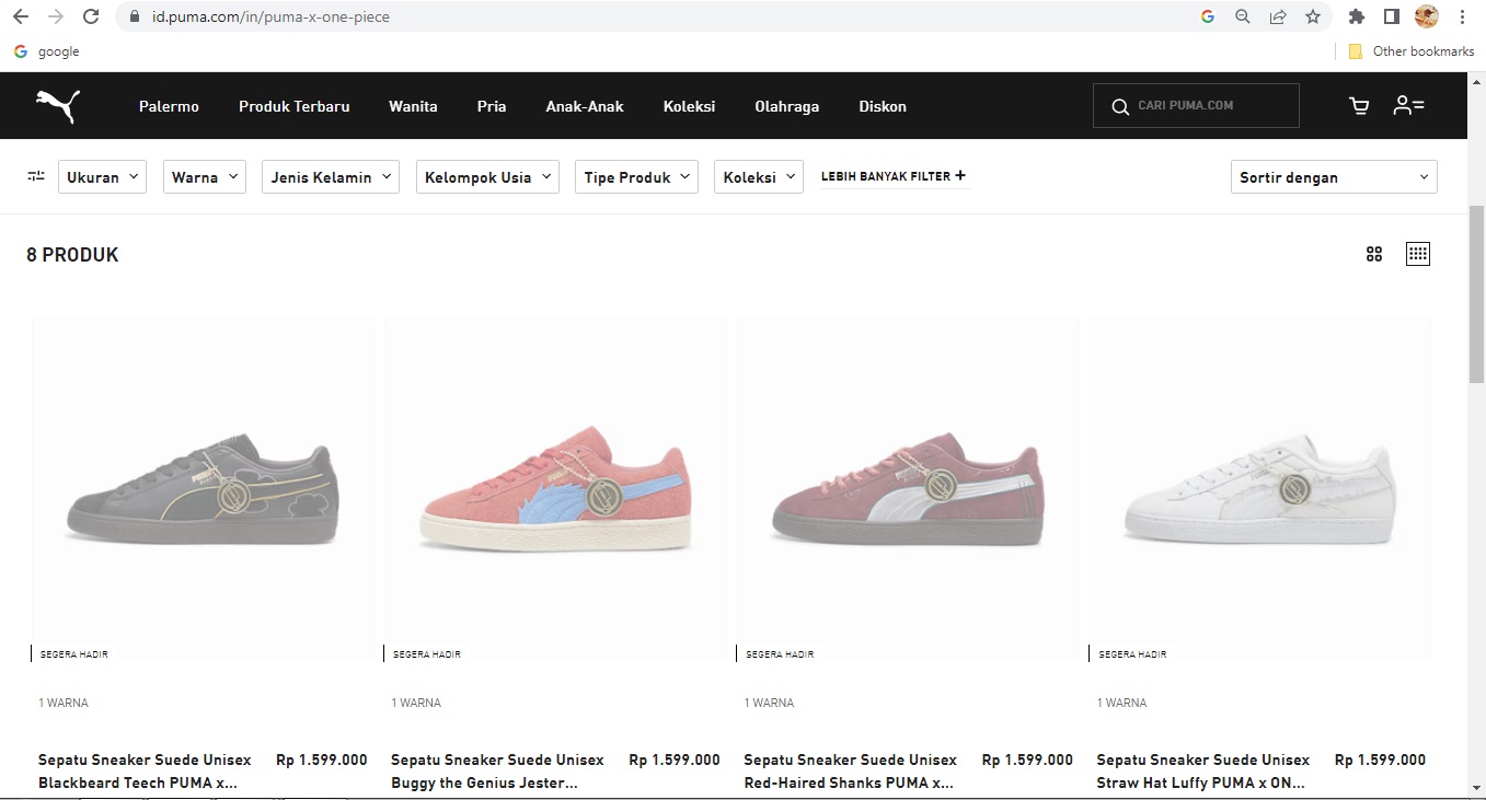 Tangkapan layar official shop Puma Indonesia yang memajang produk sepatu Puma x One Piece.