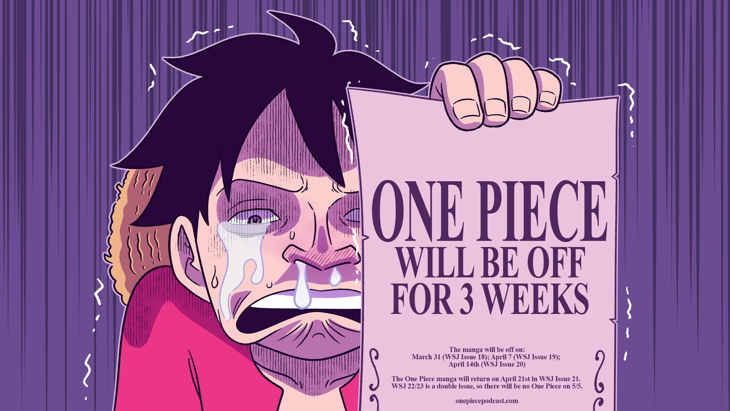 Manga One Piece akan libur tiga pekan ke depan karena alasan Oda ingin menjaga kesehatannya.