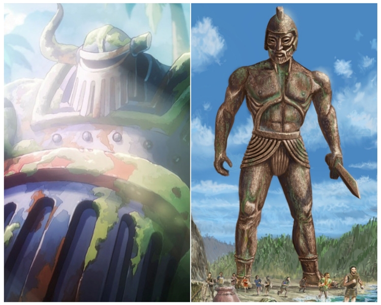 Wujud robot kuno raksasa di One Piece dan ilustrasi sosok Talos, robot mitologi Yunani. (Toei Animation, devianart/matelline67)