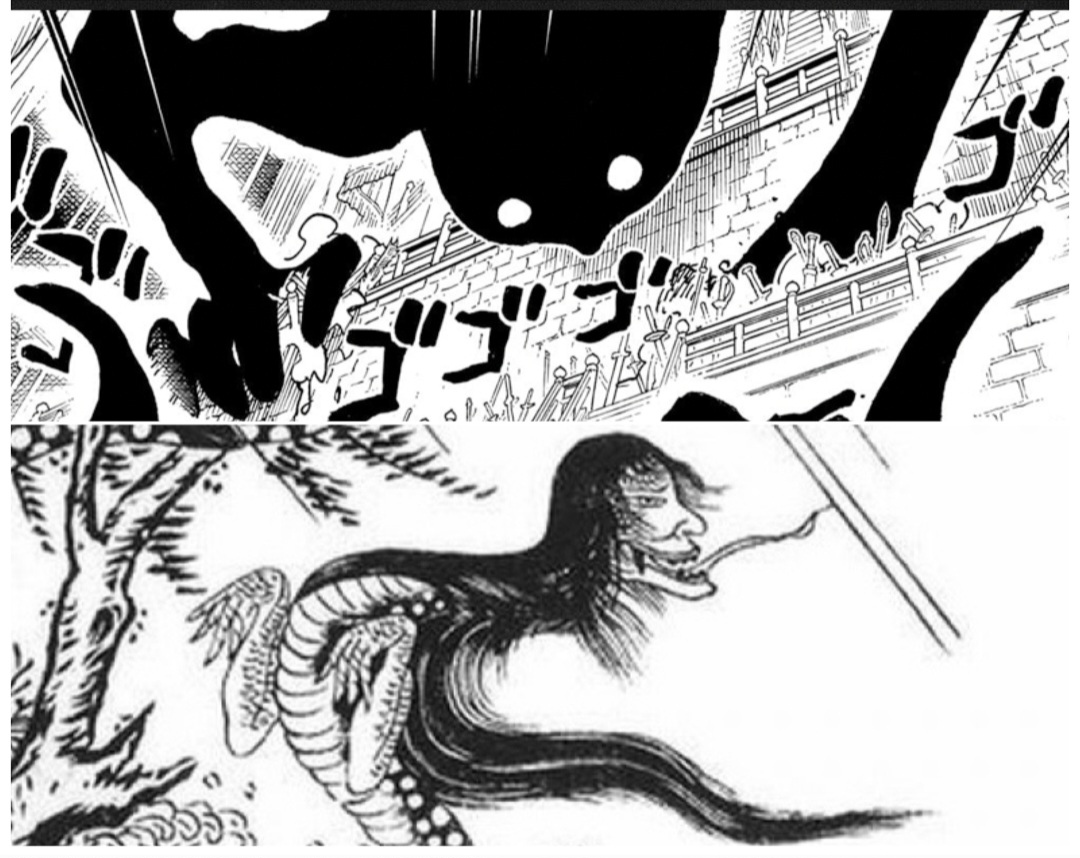 Siluet yang diduga yokai Imu dan ilustrasi Nure Onna.