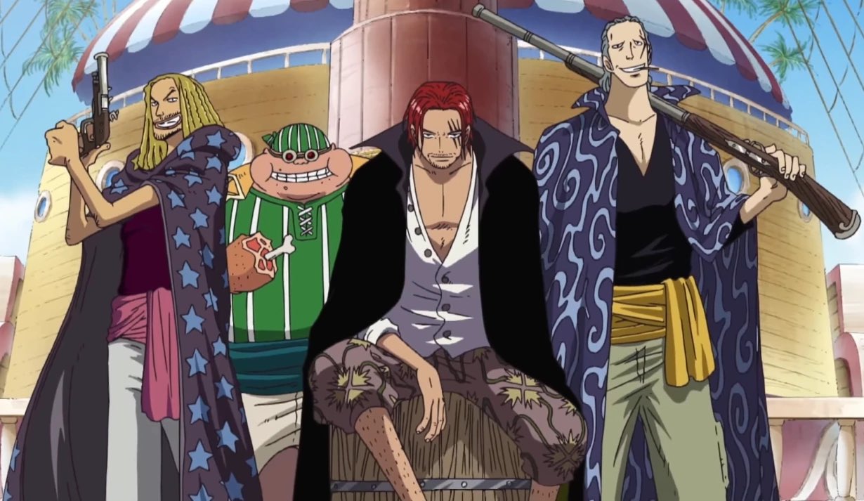 Shanks bersama tiga eksekutifnya di Bajak Laut Rambut Merah