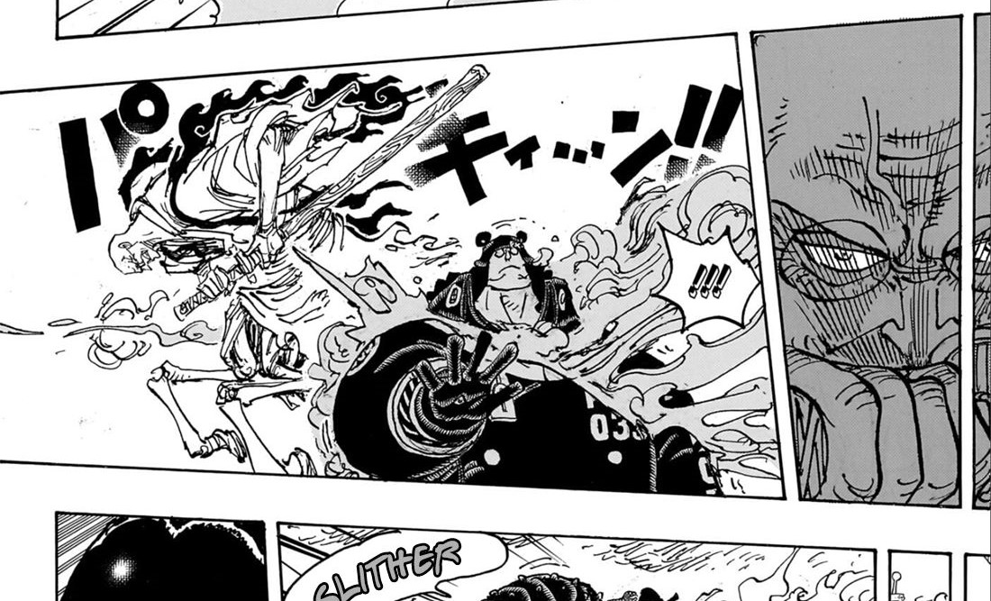 Gorosei Nusjuro dalam wujud hybrid yokai Bakotsu menebas Pacifista. (Shueisha)