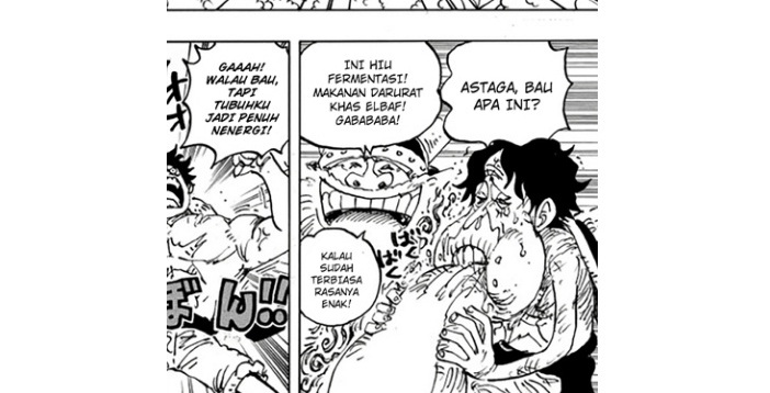 Luffy memakan Hakarl, makanan darurat Elbaf yang rasanya tidak enak, dalam cerita One Piece 1112.