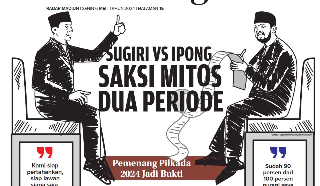 Sugiri vs Ipong menjadi saksi mitos dua periode di Ponorogo, Jawa Timur, sekedar mitos atau fakta bakal dibuktikan pemenang Pilkada 2024. (GRAFIS: HABIB/JAWA POS RADAR PONOROGO)