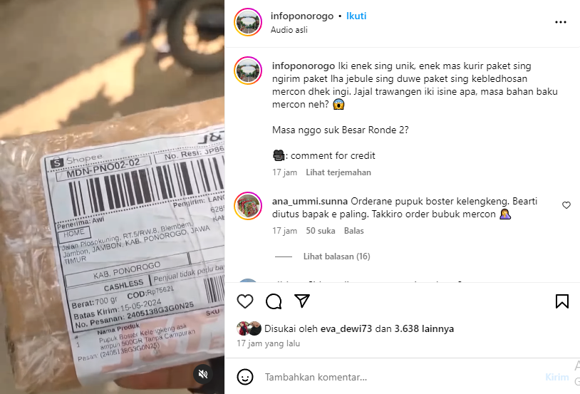 Bingung, Kurir Antar Paket COD Ternyata Penerima Jadi Korban Mercon Meledak Di Kecamatan Jambon Ponorogo. (ISTIMEWA)