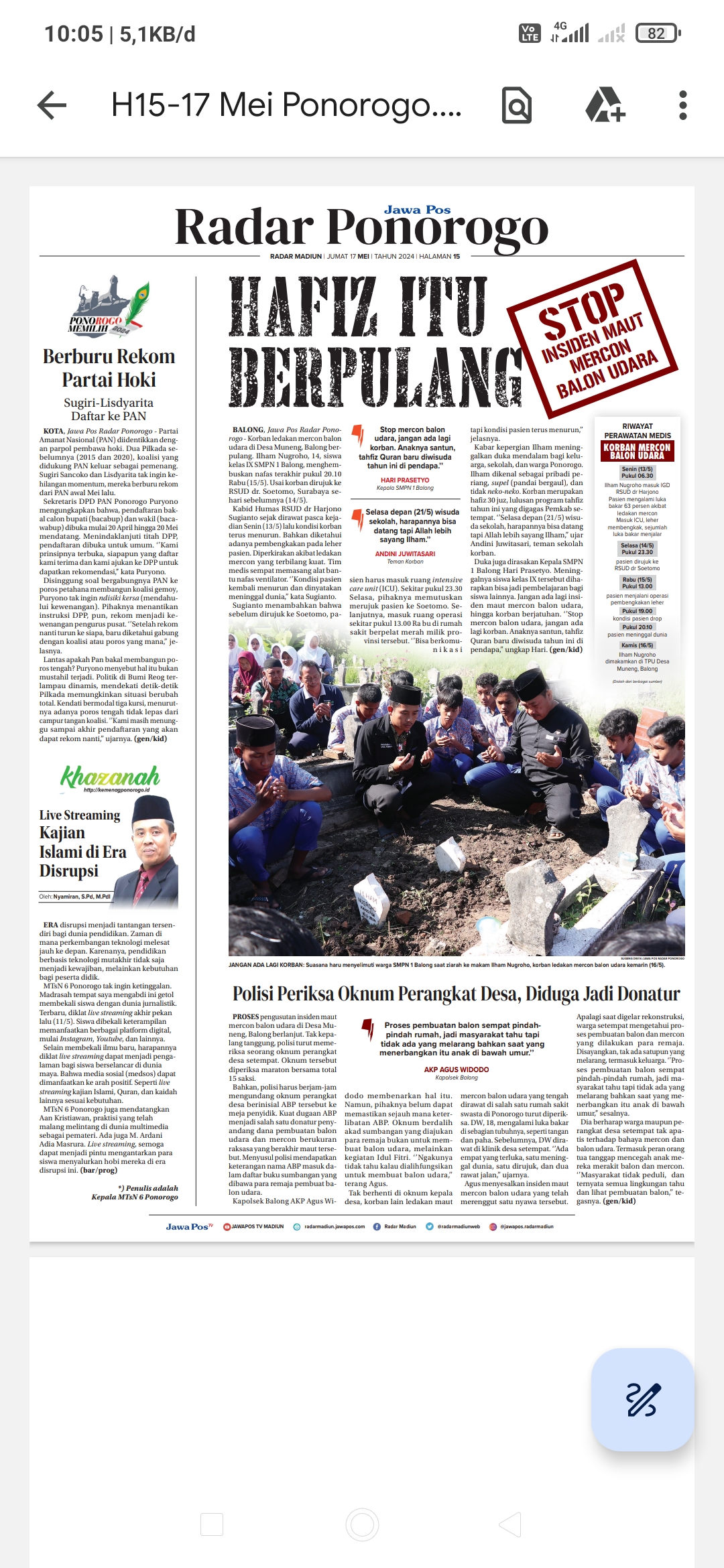 JANGAN ADA LAGI KORBAN: Suasana haru menyelimuti warga SMPN 1 Balong saat ziarah ke makam Ilham Nugroho, korban ledakan mercon balon udara kemarin (16/5). (SUGENG DWI N./JAWA POS RADAR PONOROGO)