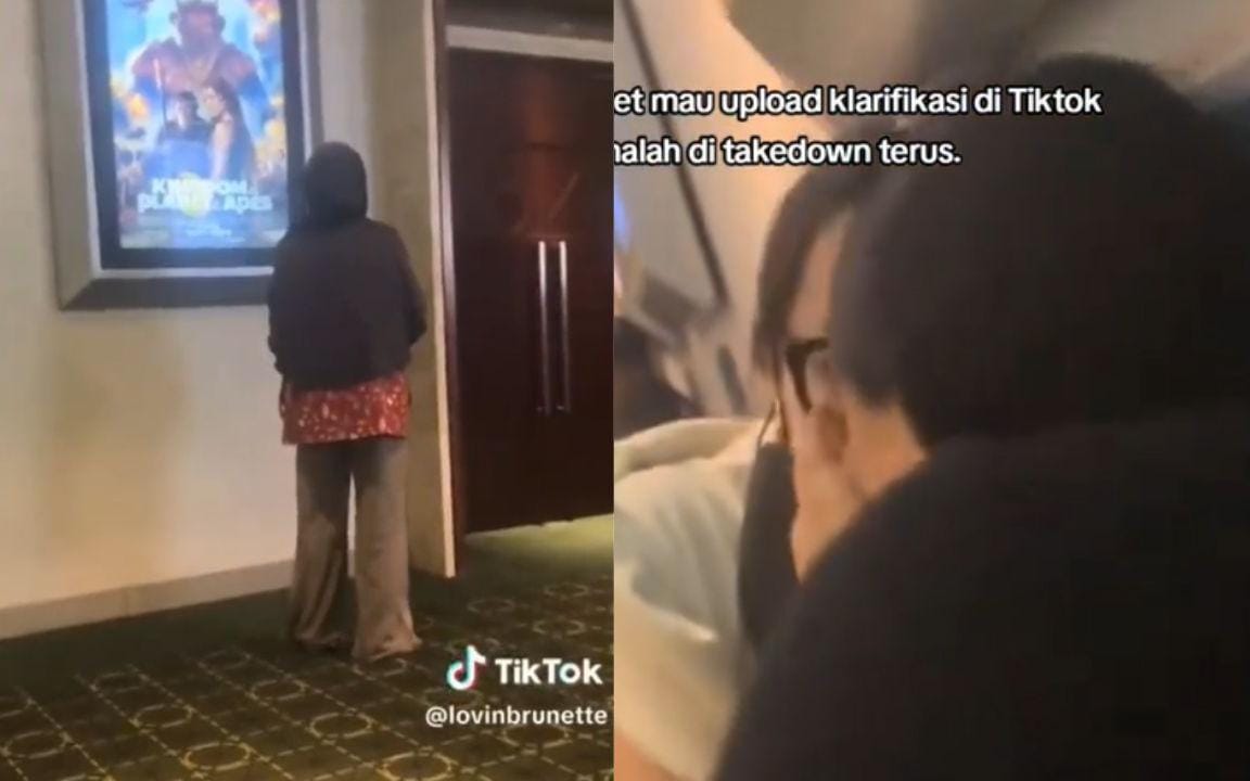 Viral! Diduga Wanita SPG ini Dipecat Usai Tertawakan Ibu - Ibu Baca Poster di Bioskop. (Tiktok @lovinbrunette.1)