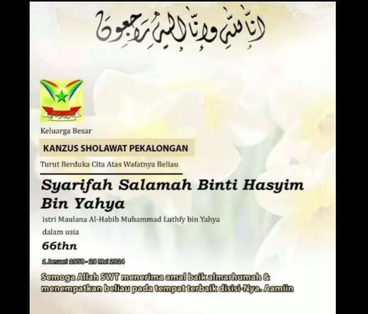 Syarifah Salma istri ulama besar Habib Luthfi bin Yahya wafat. (Ig @habibluthfibinyahya)
