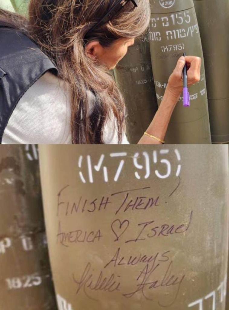 Mantan Dubes Amerika, Nikki Haley menuliskan pesan mengejutkan di rudal milik Israel yang membuat netizen dari berbagai negara di dunia geram. (Ig&nbsp;@folkshitt)