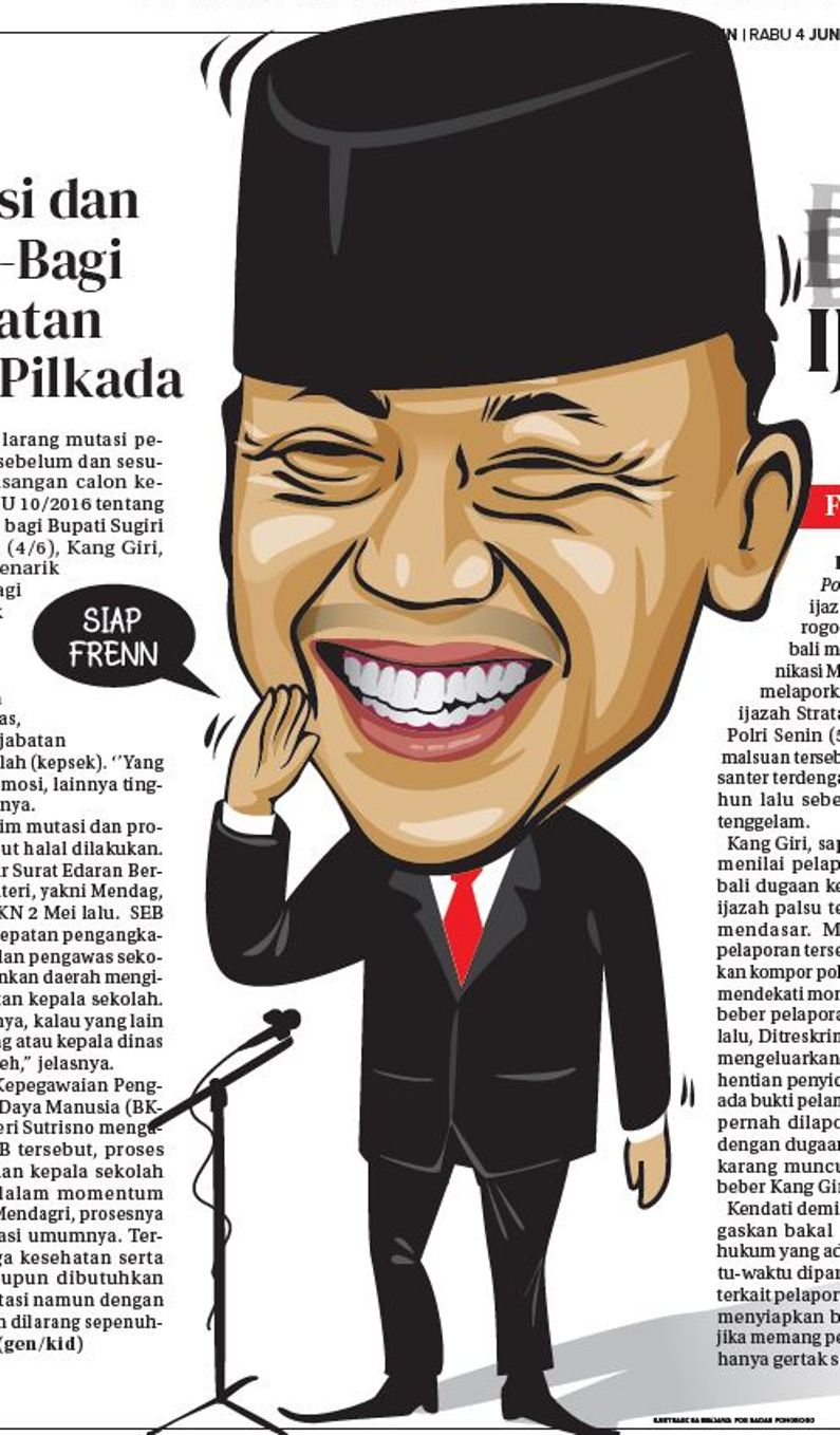 Bupati Ponorogo Sugiri Sancoko dilaporkan ke Bareskrim Polri terkait dugaan ijazah palsu, jelang momen Pilkada Ponorogo 2024. (GRAFIS HABIB/JAWA POS RADAR PONOROGO)