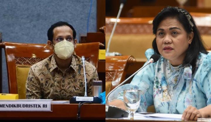 Anggota Komisi X DPR Ngamuk Anisa Jacob tunjuk-tunjuk Menteri Nadiem Makarim dalam rapat kerja dengan Kemendikbudristek. (KOLASE JAWA POS; DPR RI)