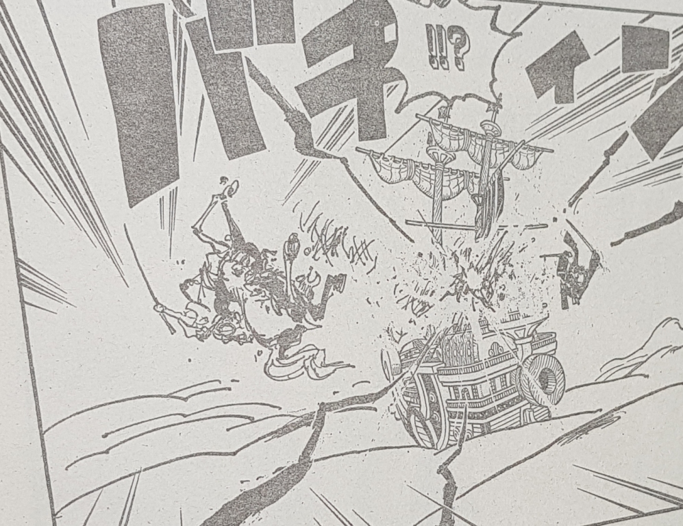 Zoro menggunakan jurus Nittouryuu Rashomon untuk menangkis serangan Gorosei Nusjuro.
