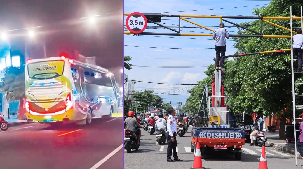 PELANGGARAN: Palang dan rambu pembatas ketinggian kendaraan di Jalan HOS Cokroaminoto Ponorogo, Jawa Timur kerap dilanggar. (SUGENG DWI N./JAWA POS RADAR PONOROGO)